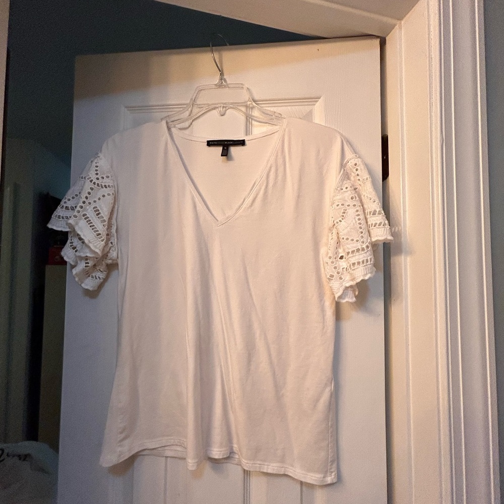 White House Black Market V-Neck Blouse with Eyelet Sleeves Medium